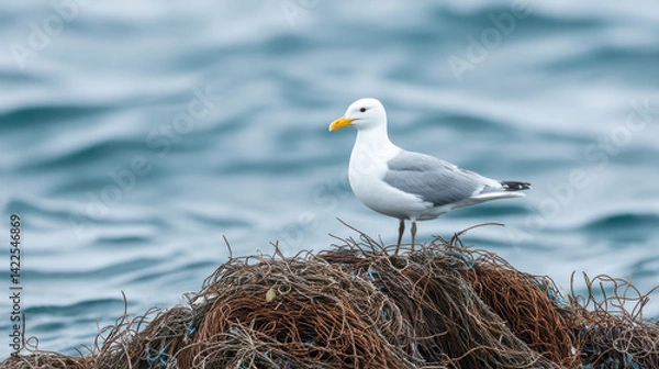 Fototapeta Ocean conservation plastic balanceSeagull stands on tangled fishing nets in ocean highlighting plastic conservation balance