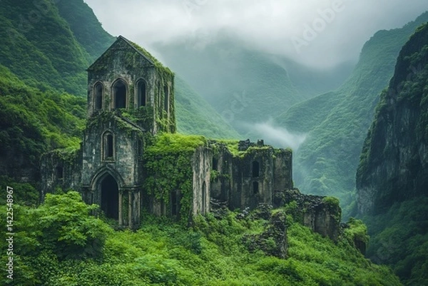 Obraz Ancient monastery ruins enveloped in moss and ivy, set against misty green mountainscape