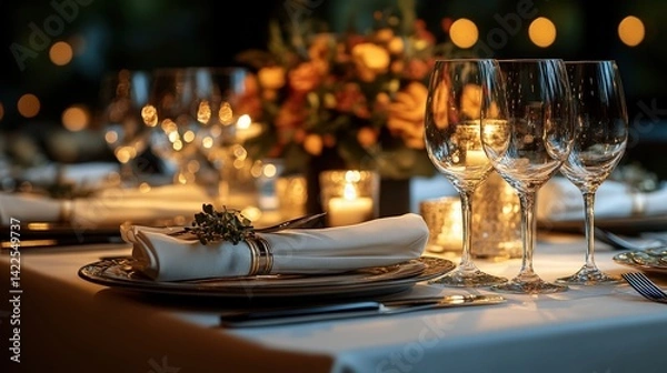 Obraz Elegant dining setup with candles and floral centerpiece, creating a warm atmosphere for a celebration