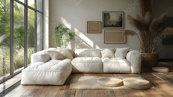 Obraz Minimalist Living Room Beige Sofa with Sunlight.