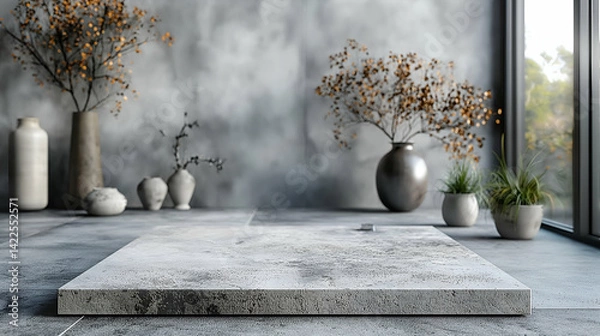 Obraz Concrete Plant Display Minimalist Gray Vases with Dried Botanicals.