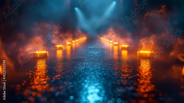 Obraz Noir Alleyway Orange Neon Reflections on Wet Pavement with Blue Fog.