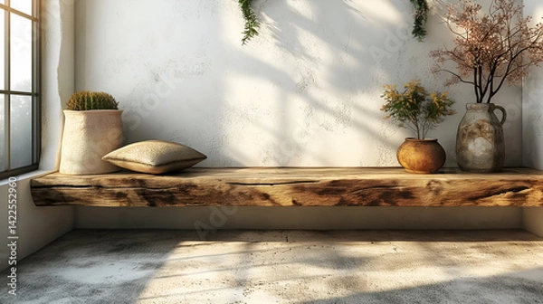 Obraz Textured Wood Shelf Beige Pillows and Plants in Vintage-Modern Room.