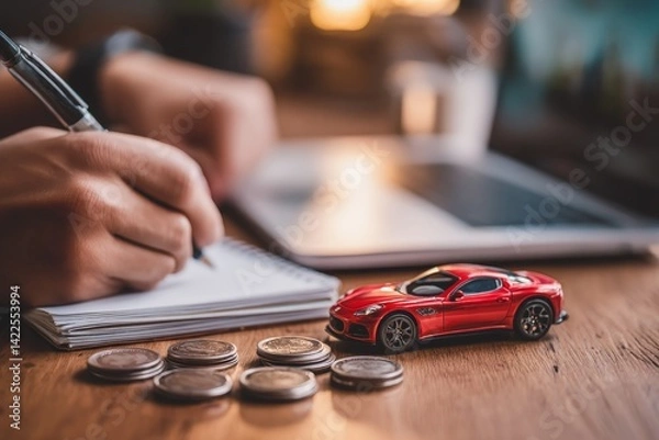 Obraz Creative scene of a man crafting car themed art with coins and laptop beside a toy sports car model