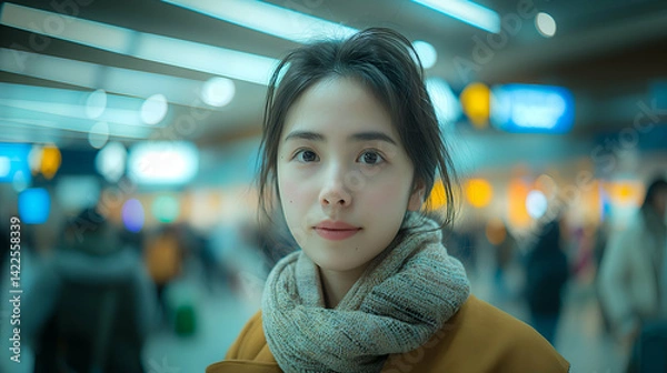 Obraz Stylish woman in winter scarf Calm traveler in evening airport with soft lighting.