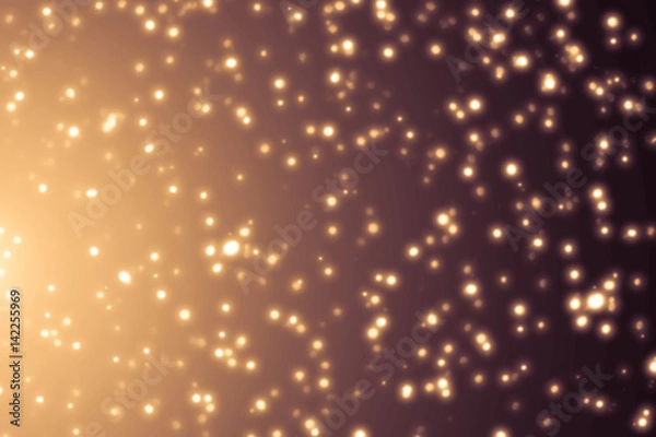 Fototapeta Golden abstract sparkles or glitter lights. Festive gold background. Defocused circles bokeh or particles. Template for design
