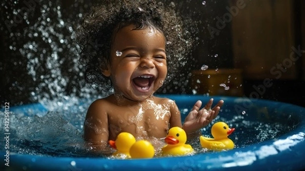 Obraz A toddler giggling in a kiddie pool, splashing with rubber duck toys --ar 16:9 --v 6.1 Job ID: ad730e95-d579-4733-a887-bb1ed55a3f0c