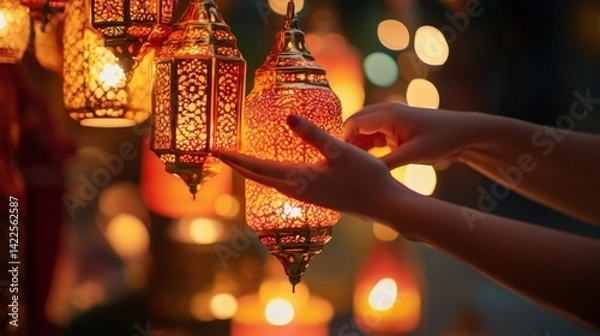 Fototapeta Hands touch warm lanterns