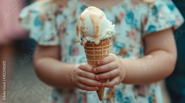 Obraz A toddler holding an ice cream cone, ice cream dripping down their hand --ar 16:9 --v 6.1 Job ID: 83bf067e-a5b2-4907-9aad-e8a1c505909f