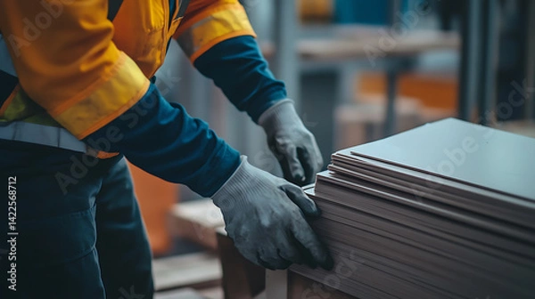 Fototapeta Worker Handling Sheets in Industrial Setting