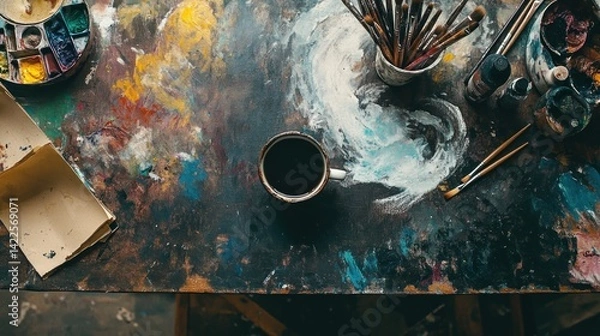 Obraz A top-down view of an artistâ€™s desk, paintbrushes, and a coffee cup with a swirl of steam --ar 16:9 --v 6.1 Job ID: 38d0b5c3-7183-472c-be5f-d469eabcb25c