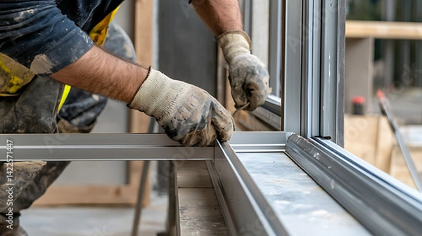 Obraz Construction Worker Installing Metal Frame