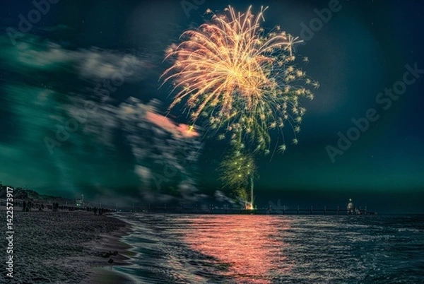 Obraz Zinnowitz, Insel Usedom, Deutschland – nächtliches Feuerwerk über der Ostsee mit Blick auf die Seebrücke Zinnowitz und die markante Tauchgondel. Frühling, Feststimmung und Freiheit am Meer.