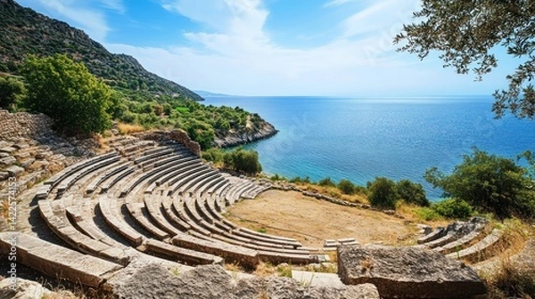 Obraz A traditional Greek amphitheater overlooking the Aegean Sea --ar 16:9 --v 6.1 Job ID: ec3b0690-701d-4d4a-a9d9-6100108b818e
