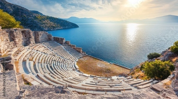 Obraz A traditional Greek amphitheater overlooking the Aegean Sea --ar 16:9 --v 6.1 Job ID: ec3b0690-701d-4d4a-a9d9-6100108b818e