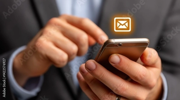 Obraz A businessman uses his smartphone to send emails to clients, showcasing modern email marketing and online communication.