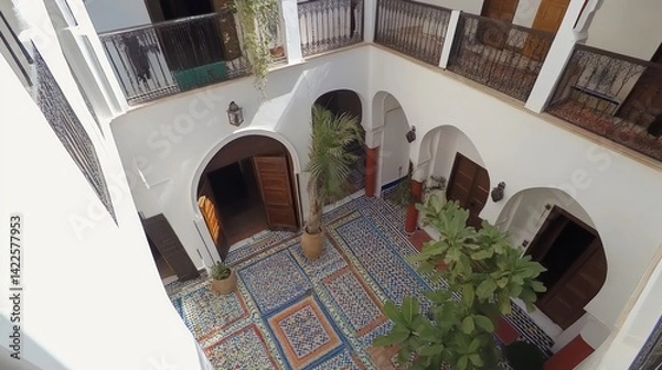 Obraz A traditional Moroccan riad with colorful mosaic tiles and an open courtyard --ar 16:9 --v 6.1 Job ID: 2a17ba7b-44c3-4778-91fe-25b3fac63691