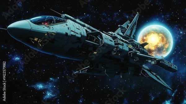 Fototapeta Futuristic anime spaceship soaring through space with a glowing planet in the distance