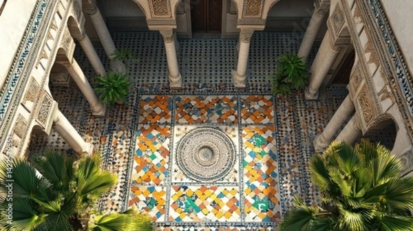 Obraz A traditional Moroccan riad with colorful mosaic tiles and an open courtyard --ar 16:9 --v 6.1 Job ID: 2a17ba7b-44c3-4778-91fe-25b3fac63691