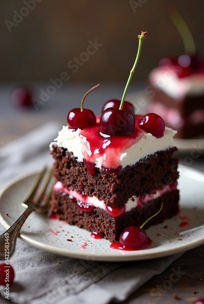 Fototapeta A decadent slice of chocolate cherry layer cake topped with whipped cream and fresh cherries. The moist chocolate sponge is layered with rich cherry compote and cream, served on a ceramic plate 