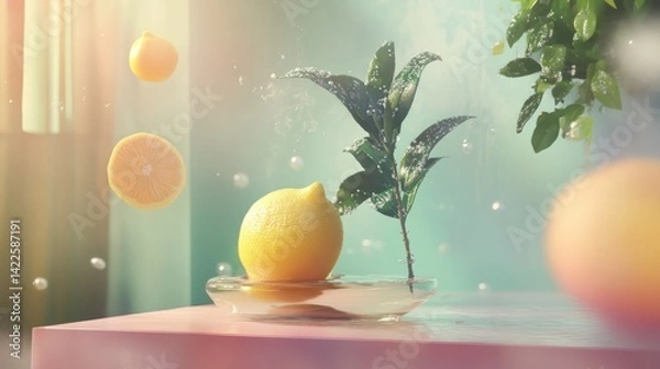 Fototapeta Vibrant citrus fruit display in a soft, pastel setting.