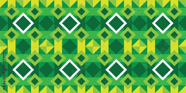 Fototapeta Seamless geometric pattern in green and yellow tones, featuring diamond motifs and triangular shapes in a dynamic, symmetrical arrangement. Ideal for textiles, wallpapers, and ethnic-inspired designs