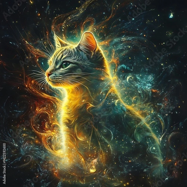 Obraz Cosmic feline,  radiant energy,  spiritual animal.  A cat bathed in golden light,  surrounded by nebulae,  and celestial energy