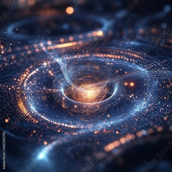 Fototapeta Abstract swirling vortex of light and particles.  Complex energy flow, intricate patterns, glowing cosmic energy,  intriguing digital art,  technological visualization