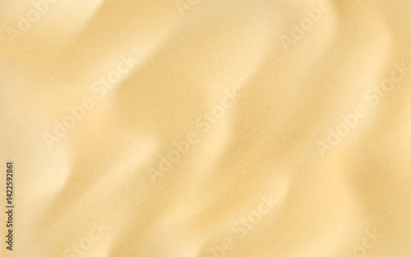Obraz Sand texture. Sandy beach background with soft dunes and gold particles. Realistic desert ground or ocean shore. Travel design template with waves and sparkle. Vector illustration.