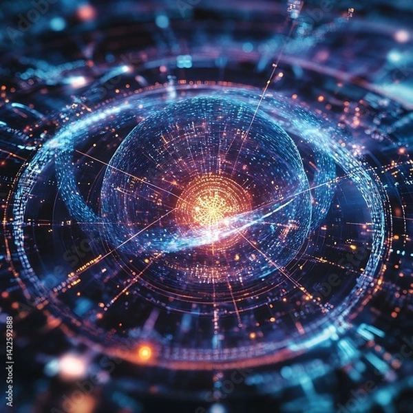 Fototapeta Abstract digital sphere with intricate network patterns.  A mesmerizing display of interconnected data points, glowing with vibrant colors, creating a futuristic and complex visual