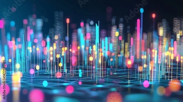 Fototapeta Futuristic city data visualization.  Abstract representation of a modern metropolis, showing interconnected data streams, dynamic information flow, and colorful digital signals. 