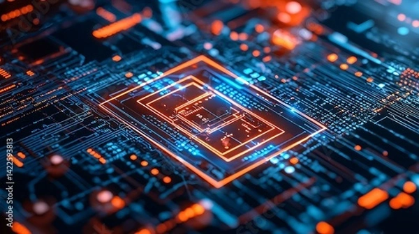 Fototapeta High-tech circuit board with glowing components (1)