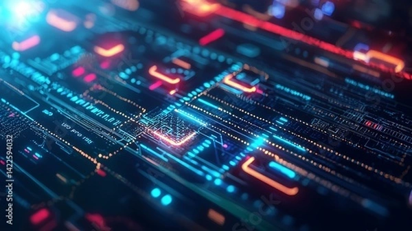 Fototapeta Futuristic digital interface with glowing data streams. Complex network of glowing lines and graphical elements, showing data flow and processing. 