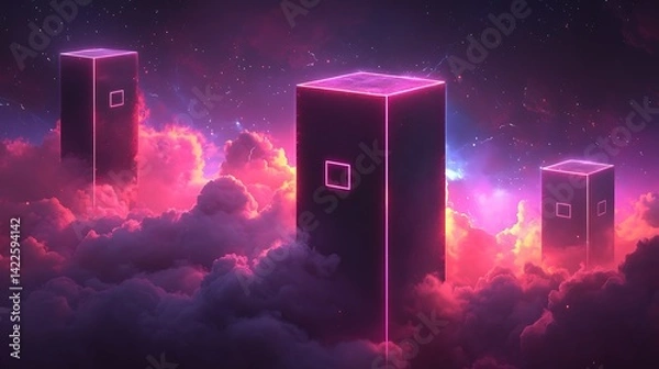 Obraz Dark, glowing, cube structures, floating above vibrant clouds in a night sky