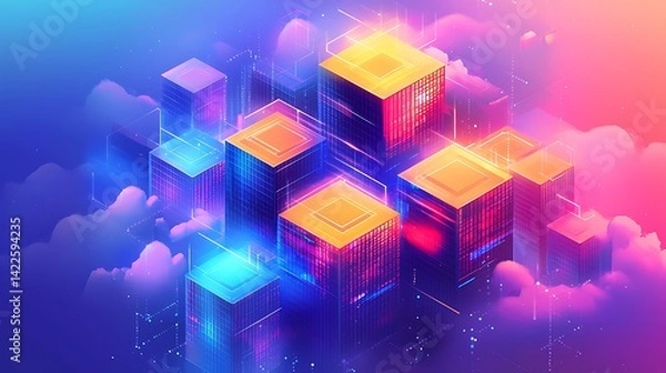 Fototapeta Futuristic network of interconnected data centers in a vibrant cloud environment.  Complex, digital architecture with colorful glowing blocks