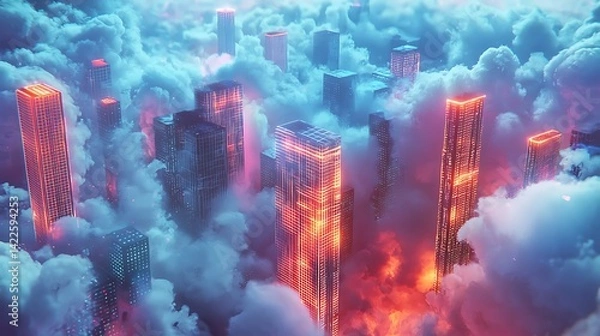 Obraz Futuristic city nestled in clouds.  High-tech skyscrapers are illuminated with vibrant neon lights, rising above a sea of clouds.  The scene evokes a sense of wonder and advanced technology