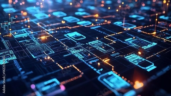 Fototapeta Abstract digital circuit board with glowing lines and data points.  Complex network of interconnected components