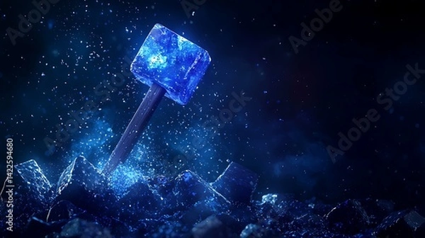 Obraz Powerful blue crystal hammer erupts from icy blocks