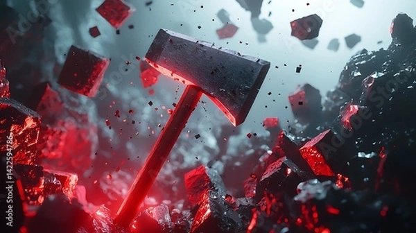 Obraz Powerful hammer impact on dark material