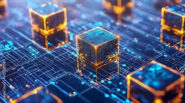 Fototapeta Abstract digital circuit board with glowing cubes.  Complex interconnected network of glowing components