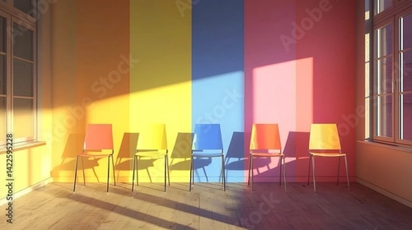 Obraz Colorful waiting area with vibrant hues. Sunlight streams into a room featuring a rainbow-striped wall and matching colorful chairs arranged in a row.  A sense of calm and optimism is conveyed