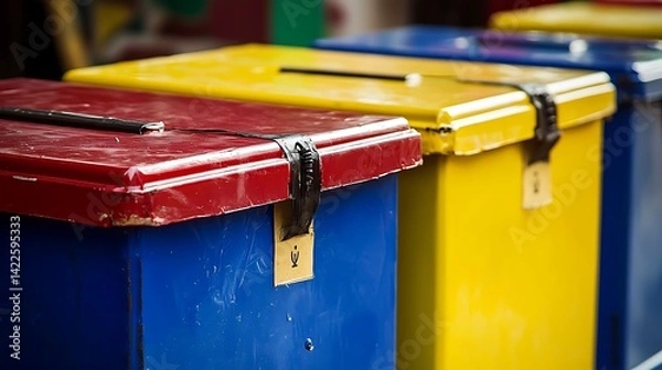 Obraz Colorful ballot boxes lined up.  Three separate, distinct containers for voting materials, in various colors.  Exterior shows signs of use or time