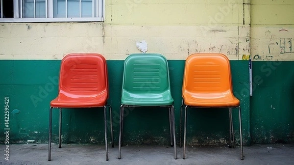 Obraz Three colorful chairs against a weathered wall