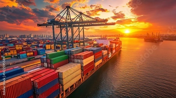 Fototapeta Shipping containers at sunset port.  Cargo ship docked at busy port, cranes loading/unloading, vibrant colors of containers, golden hour sky