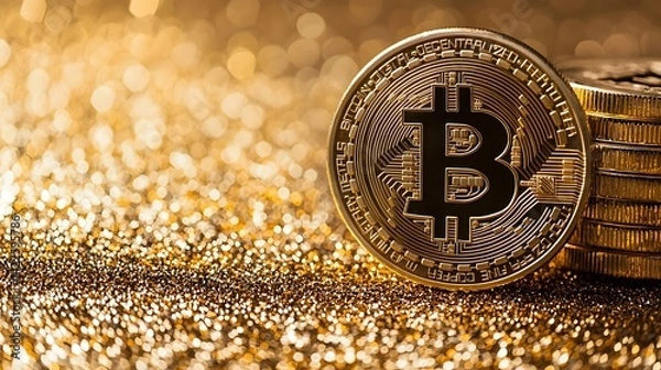 Obraz Golden Bitcoin Coins on Glittery Surface