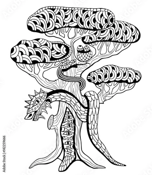 Fototapeta Expulsion from Paradise. Snake on a tree. Coloring book.  Hand drawn vector illustration with geometric and floral elements. 