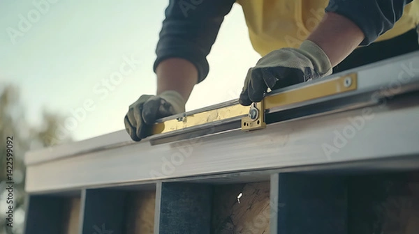 Fototapeta Construction Worker Using Level Tool on Building Frame
