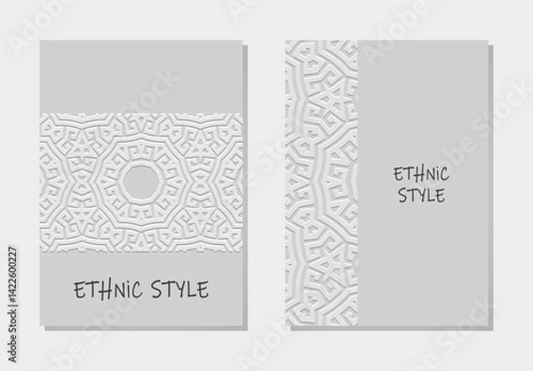 Fototapeta Set of covers, patterned vertical templates. Collection of geometric white 3D backgrounds, embossing. Greek meander. Mandala, arabesques, logo. Ethnic ornaments of the East, Asia, India.