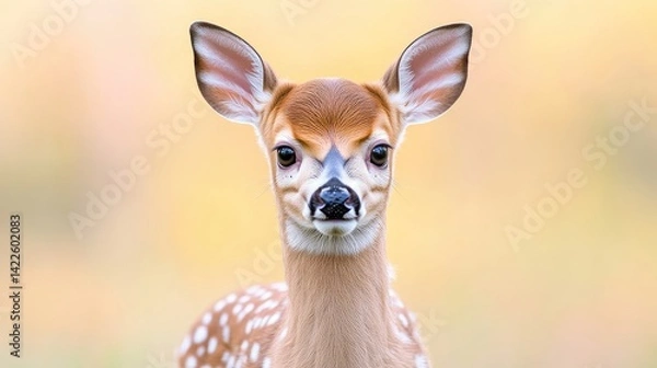 Obraz White-tailed Fawn Close-up Portrait, Soft Focus, High-Resolution, Front-facing View, Detailed Fur, Curious Gaze, Autumnal Meadow, Warm Golden Hues, Ideal for Wildlife Calendars