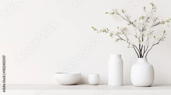 Obraz Minimalist white aesthetic display with delicate blossoms and ceramic ware